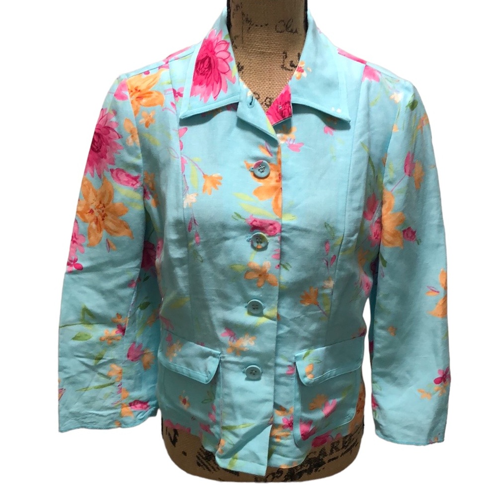 {Emma James} Blue With Floral Print Linen Blend Jacket